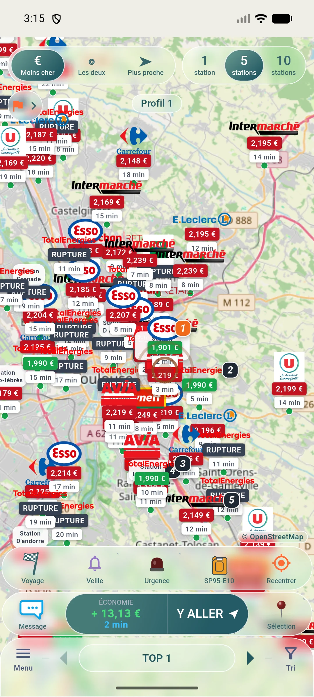 Toutes les stations de Toulouse sur la carte, épingle éteinte : chaque prix, chaque rupture, chaque temps de trajet